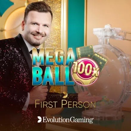 First Person Mega Ball logo – Table Games by Evolution at Pistolo
